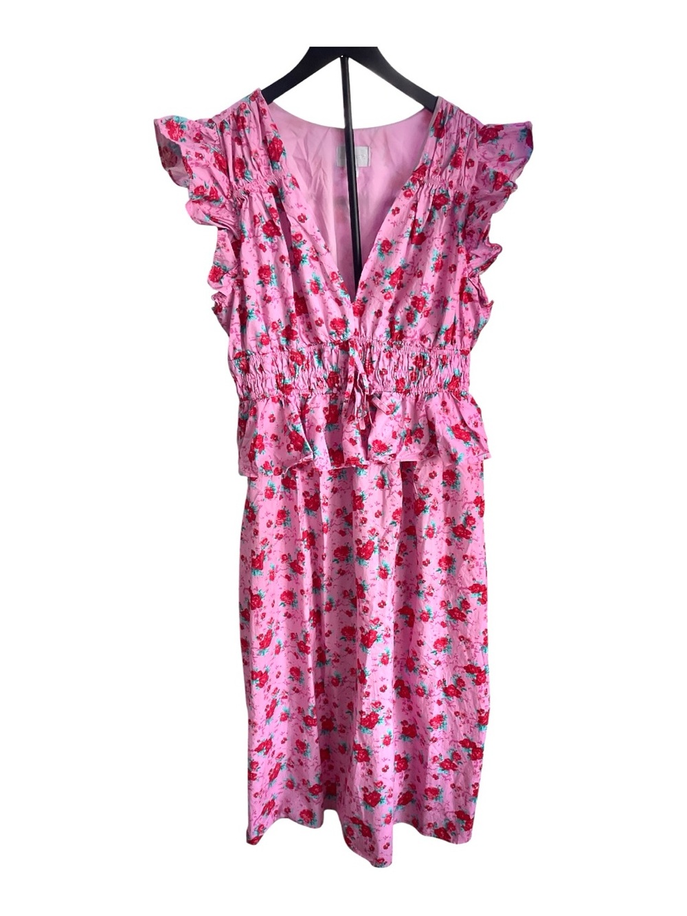 Sugarlips Berryglow Smocked Ruffle Midi Dress Pink Floral XL EUC - Picture 2 of 5